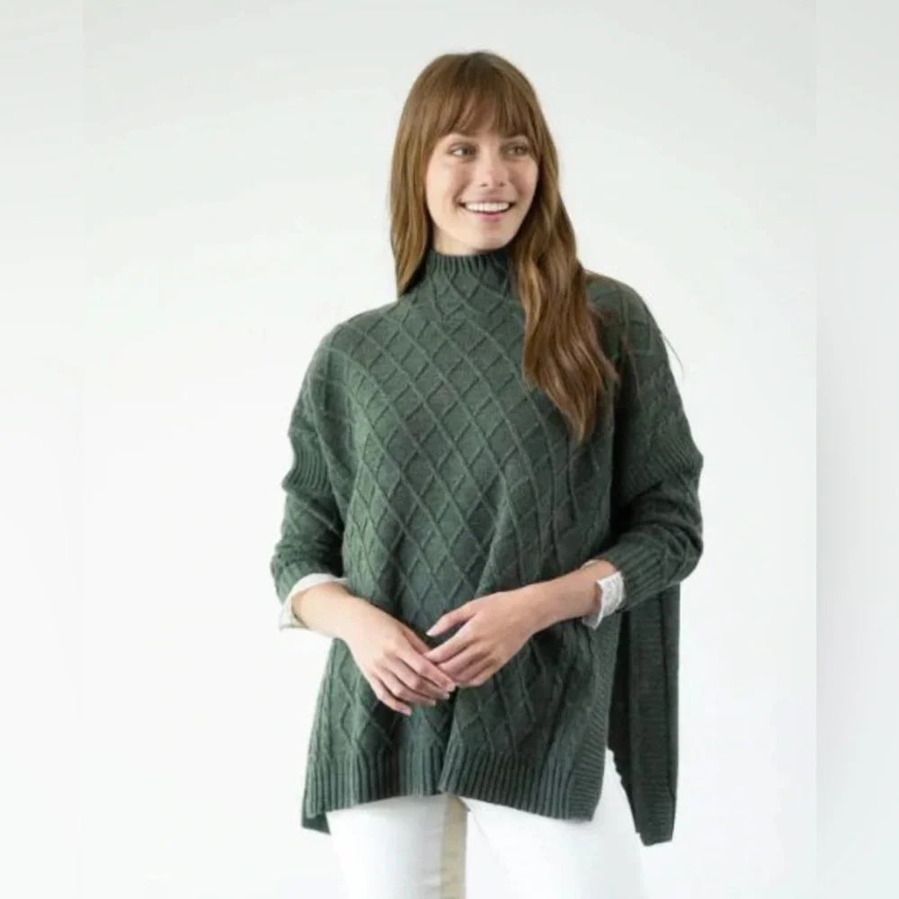 Turtleneck Cable-Knit Poncho Sweater - Green - Picture 1 of 5